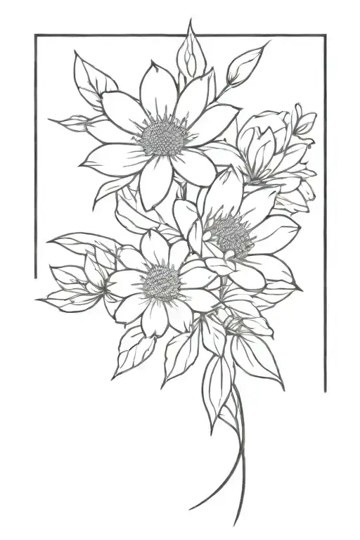 A flower bouquet tattoo that is black and white, small and minimalistic. The bouquet has a daisy, water lily, marigold,  tattoo design idea