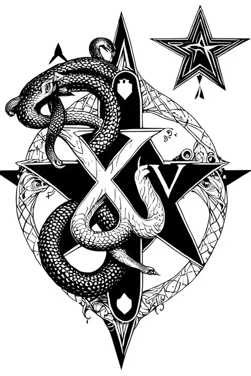 the esoteric style where the stars will be modified cadouses in the form of a cross with a snake and the number XVII in a star tattoo design idea