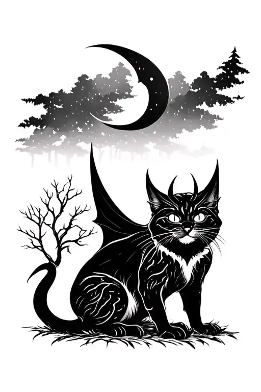 Demon cat with a crescent moon in the sky, in the woods. tattoo design idea