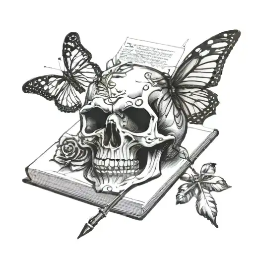 dagger piercing skull over a book with a monarch butterfly tattoo design idea