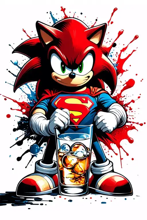 Sonic the hedgehog with a Superman shirt holding a gin and tonic in a rocks glass tattoo design idea