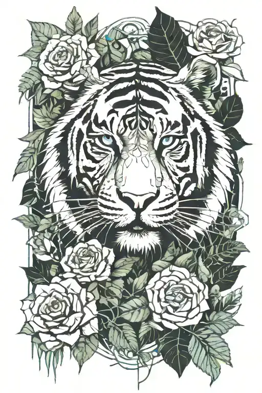 tiger face surrounded by jungle plants and roses tattoo design idea