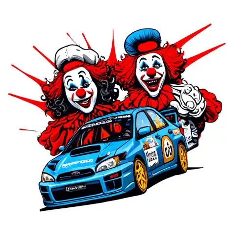 sad and happy clowns two figures italian theater demonic subaru impreza rally car below blue, small car and sol note tattoo design idea