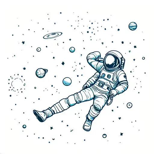 astronaut floating in space surrounded by planets tattoo design idea