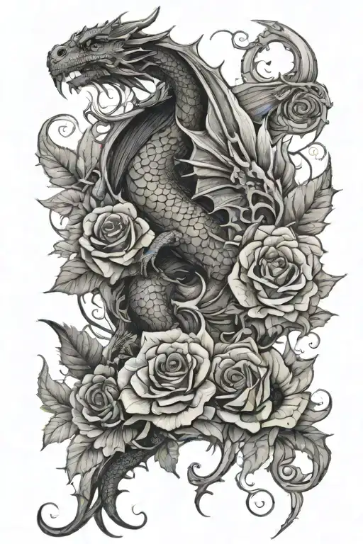 A dragon with wings climbing down the leg with roses and sunflowers tattoo design idea