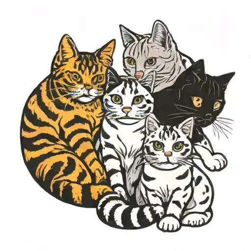 three cats, one black and white, furry, another black cat and a white cat with a tabby spot on its head tattoo design idea