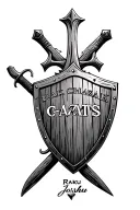 Wooden cross with a shield and sword behind the shield. written on the shield RAK CHAZAK AMATS at the bottom write Joshu tattoo design idea