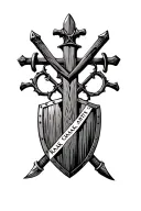 Wooden cross with a shield and sword behind the shield. written on the shield RAK CHAZAK AMATS at the bottom write Joshu tattoo design idea