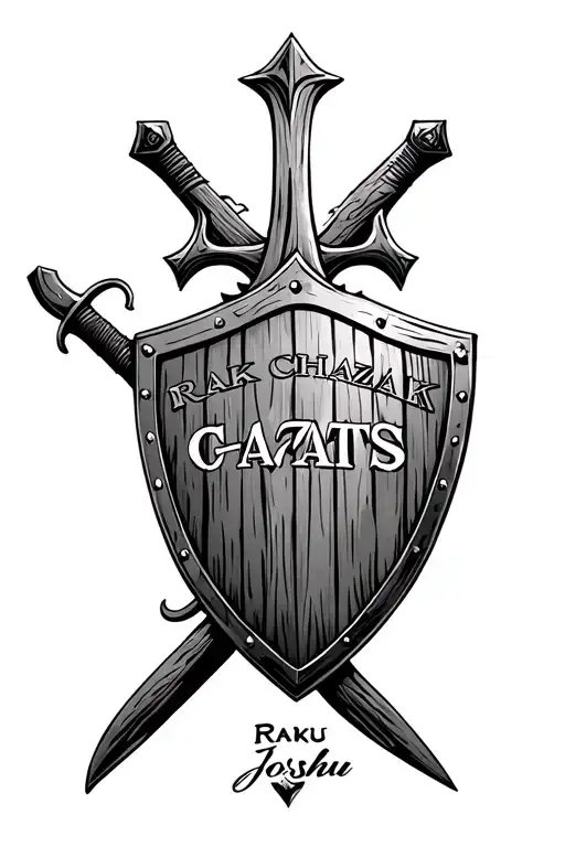 Wooden cross with a shield and sword behind the shield. written on the shield RAK CHAZAK AMATS at the bottom write Joshu tattoo design idea