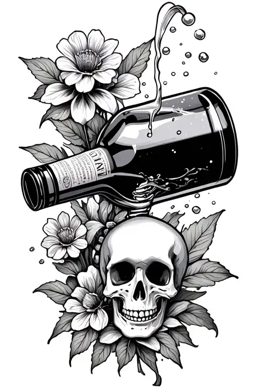 fine line skeleton pouring out alcohol bottle on growing flowers tattoo design idea