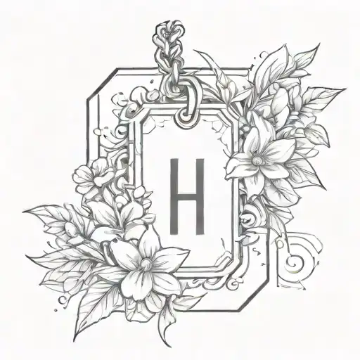 A simple square dog tag pendant with the letter "H" in the middle. Chains and flowers in the background. Minimalist.  tattoo design idea