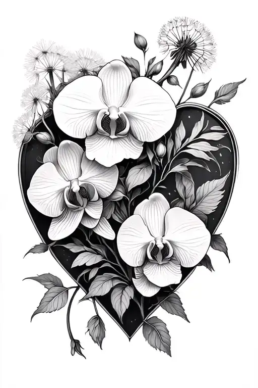 dainty and thin lined orchid, rose, and dandelion intertwined wrapped around a simple heart shape tattoo design idea