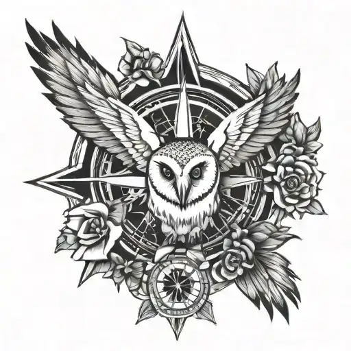 barn owl compass rose tattoo design idea