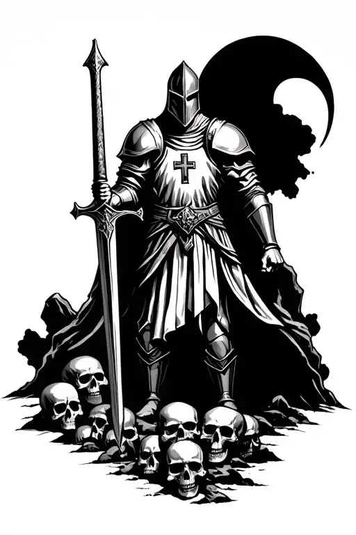 crusader knight holding his sword in his right Hand, with à cross on his Armor and standing above a montain of skulls. tattoo design idea