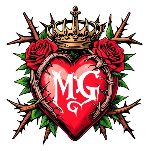 "M G" heart surrounded by thorns and roses with a crown adorned tattoo design idea
