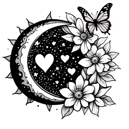 Sun, moon, hearts, rainbow butterfly and flowers tattoo design idea