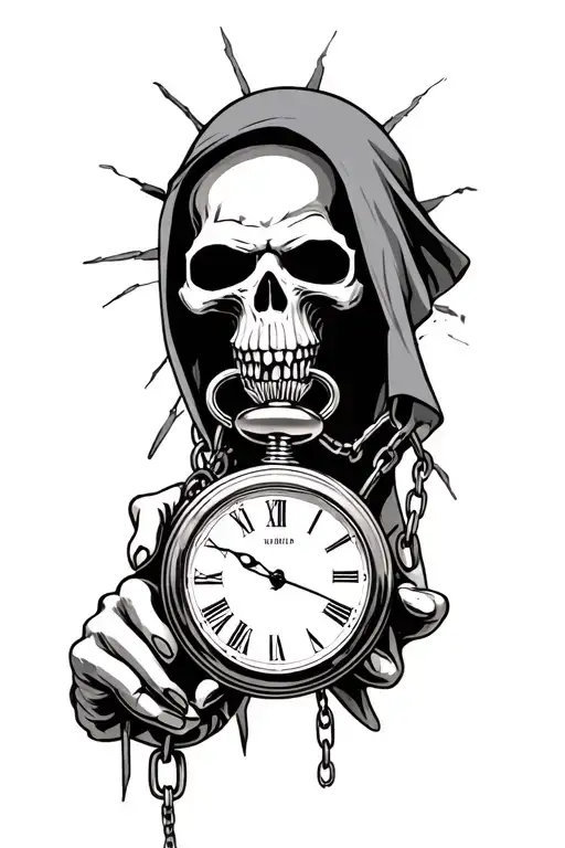 grim reaper holding broken chain connected to pocket watch with broken watch face tattoo design idea