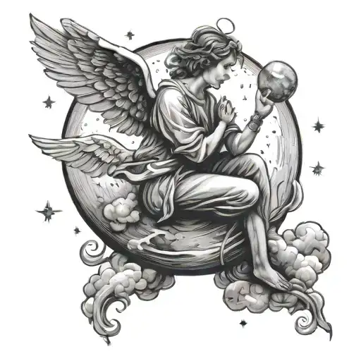 angel in the distance looking down on earth sitting on the moon surrounded by stars n clouds  tattoo design idea
