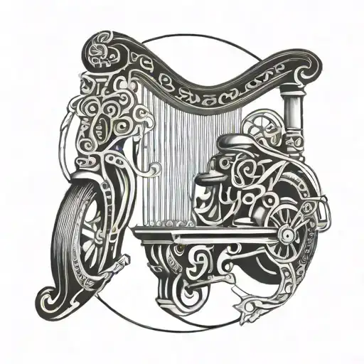 A tattoo of a traditional Irish harp intertwined with motorbike parts tattoo design idea