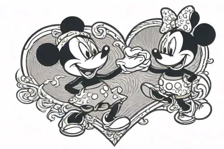 minnie and mickey mouse making a heart shape with one hand each looking forward. tattoo design idea