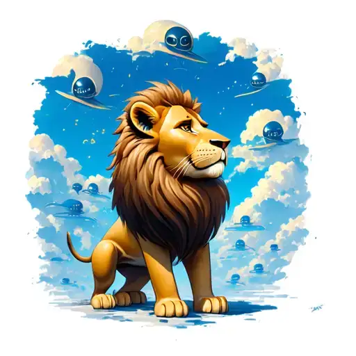 cute & small lion, chin up, left side pose,  blue colored distant sky far from him filled with  many aliens tattoo design idea