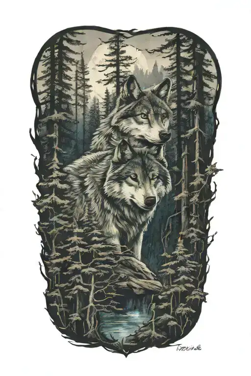 wolf blue eyes howling forest landscape tattoo design idea