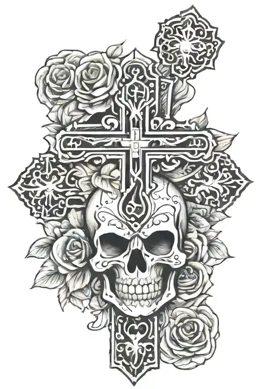 cross with acosta in the cross with Mexican mariachi skull tattoo design idea