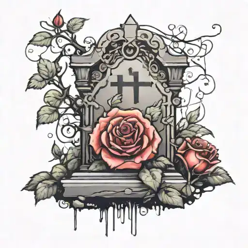 A graveyard scene with a beautiful rose bush growing over a tombstone, incorporating elements of neotraditional style tattoo design idea