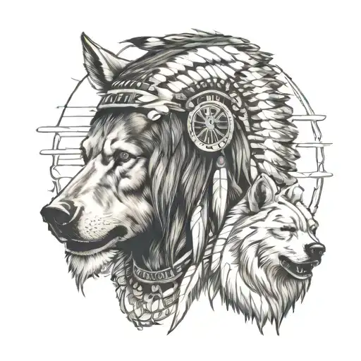 native american chief with wolf and bear tattoo design idea