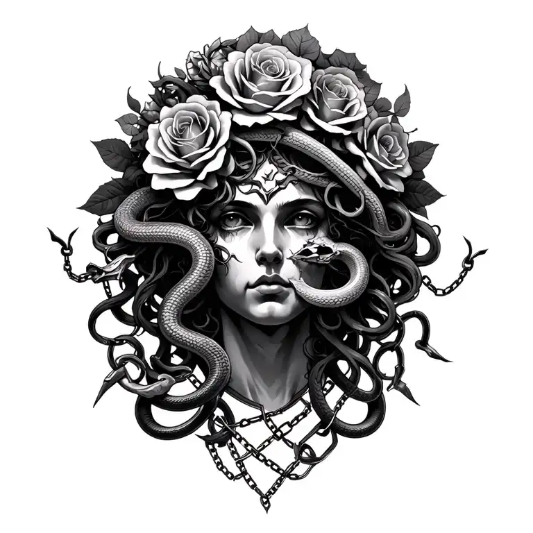medusa head with 15 roses, 2 snakes, and 4 broken chains tattoo design idea