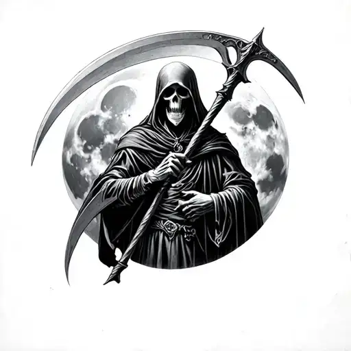 thin pencil drawing of the grim reaper holding his scythe with the moon in the background tattoo design idea
