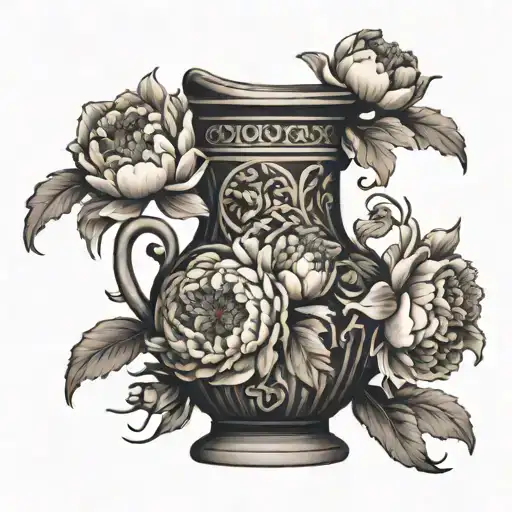 large greek vase with peonies flowers coming out of it, large, delicat on the back maybe medusa or snakes on the vase tattoo design idea