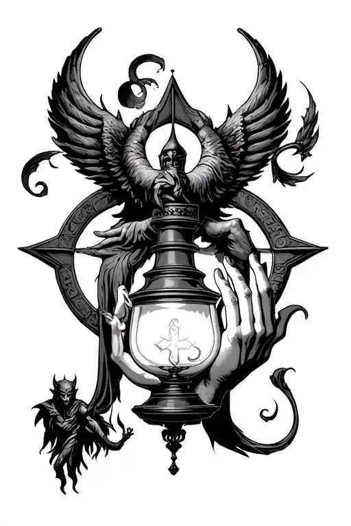 beautiful star of life with a cradleing hand with a demon watching with a large vintage oil lamp burning in the foregrou tattoo design idea