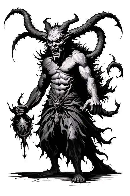 demon of wrath with the eyes blurred out also holding a item representing wrath biblical  tattoo design idea
