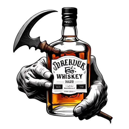 bottle of whiskey with hands hold crowbar tattoo design idea