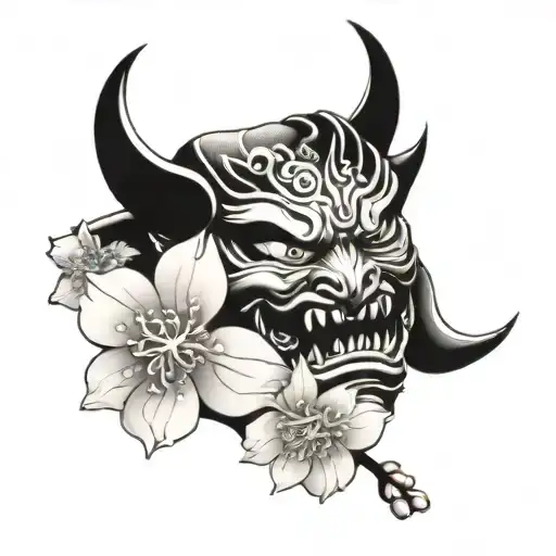 oni mask with cherry blossoms tattoo design idea