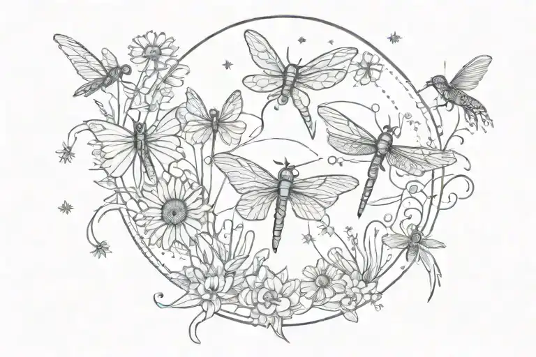 Dragonfly, Hummingbird,Dandelion in the wind, Gerberas flowers, Sun, moon Scorpio star sign, aries star sign tattoo design idea