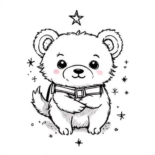 cute bear cub and north star tattoo design idea