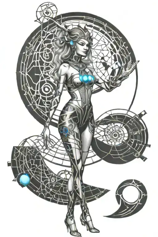 wisdom goddess full body standing powerful sexy full moon rising tattoo design idea