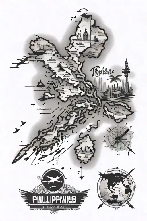 Philippines map with airplane flying over a world and jose rizal  tattoo design idea