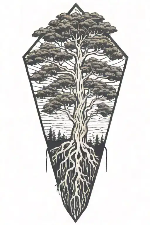Bald cypress with roots inside diamond shaped line outlining tattoo design idea