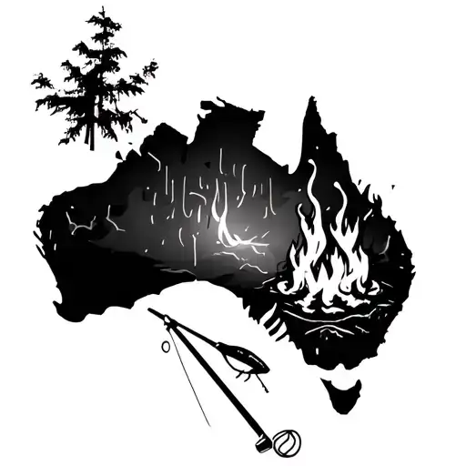 camp fire, map of australia, fishing rod casting a line tattoo design idea
