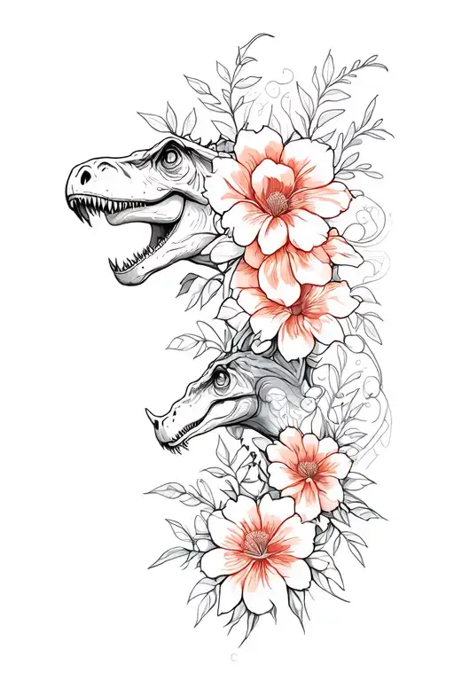 Line tatto with flowers, dinosaurs and philosophy  tattoo design idea