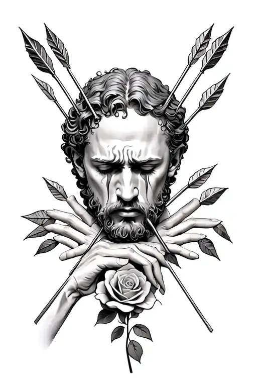 San Sebastiano, pierced by multiple arrows, with the hands linked by two separent, with a rose in the mouth while crying tattoo design idea