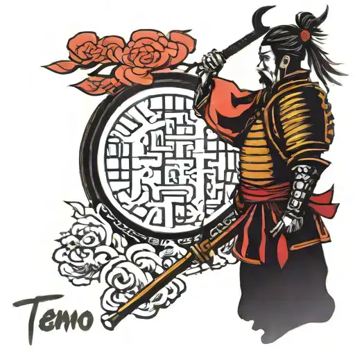 samurai at sunset in profile and in armor with the inscription Te amo mi sol❤ on top tattoo design idea