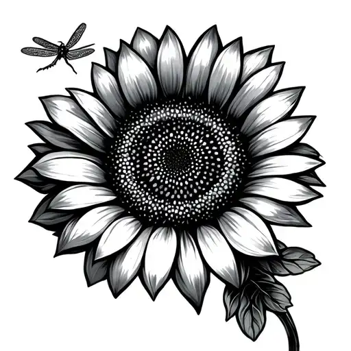 black and white sunflower with small dragonfly  tattoo design idea