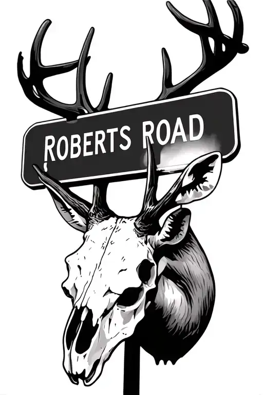 deer skull hanging on street sign "roberts road" tattoo design idea