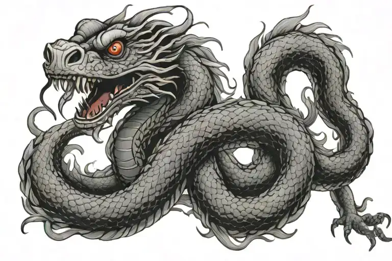 top of carpet snakes head with body in Chinese dragon style that wraps around rib cage tattoo design idea