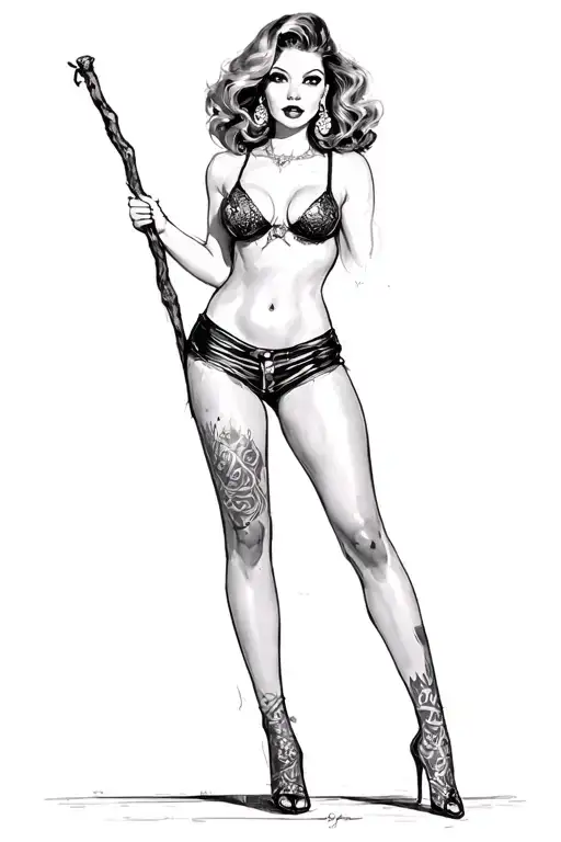 pin up girl full body black and grey holding long stick between legs tattoo design idea
