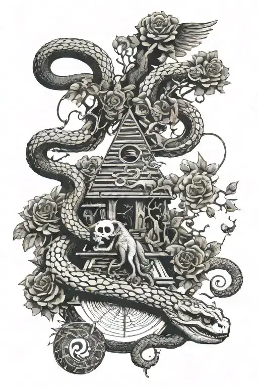 tree snake one pyramid black eagle waterfalls eyeball wheelchair sun, moon ,whale, dragon emersing, yinyang skull roses tattoo design idea
